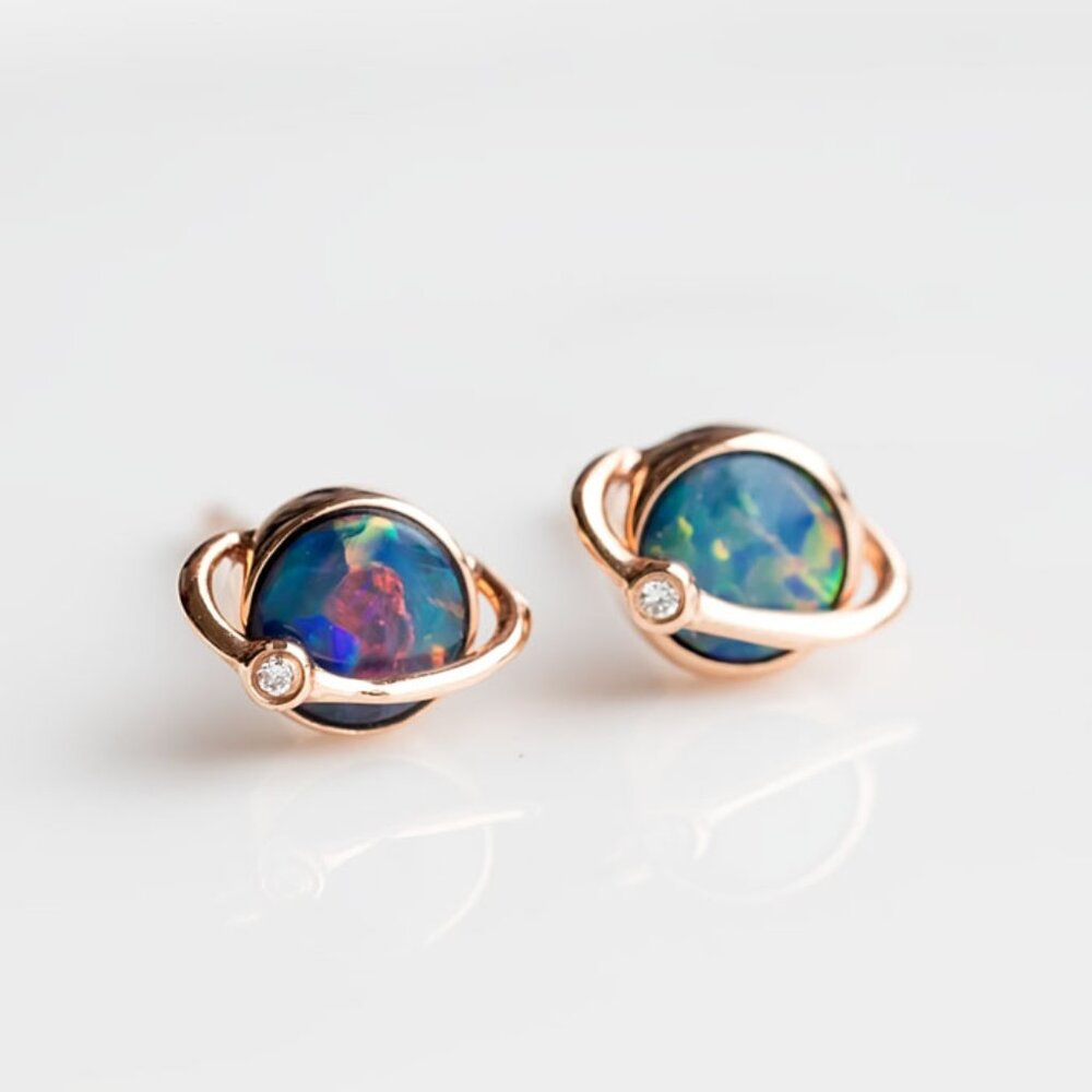 Earth Moon Design Australian Doublet Opal & Diamond Stud Earrings 18K Rose Gold